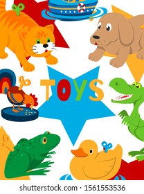Clockwork toys with key vector illustration. Mechanic toyshop poster for baby toys with mechanism for kids. Animal clock work cat, dog, duck and frog isolated on white background and typography.