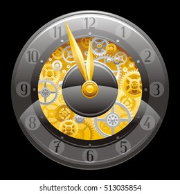Clockwork vector icon. Cogwheel, gear, minute, hour hands, vintage clock elements isolated on black background. Retro silver golden clocks illustration, midnight time. Watch mechanism design icon.