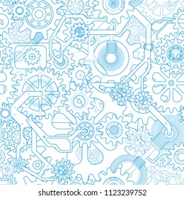 Clockworks mechanism in steampunk style illustration with many gears drawn blueprint, seamless pattern white background illustration