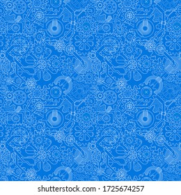 Clockworks mechanism in steampunk style illustration with many gears drawn blueprint, seamless pattern blue background illustration