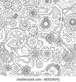 Clockworks mechanism in steampunk style illustration with many gears drawn blueprint, seamless pattern white background illustration