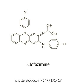 Clofazimina estructura esquelética plana Antibiótico utilizado en el tratamiento de infecciones bacterianas. Ilustración vectorial diagrama científico.