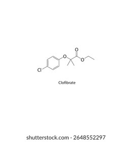 Estrutura esquelética de clofibrato. Ilustração esquemática de composto de fibratos. Diagrama simples, fórmula química.