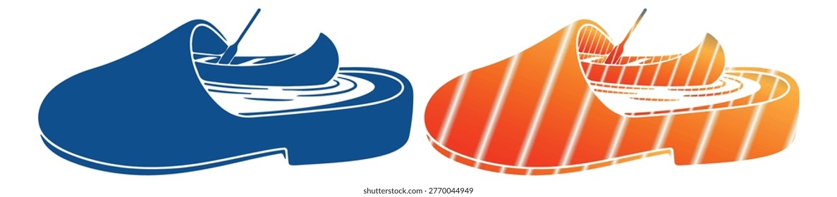 Clog with canoe and paddle, water flow, dutch shoe, summer travel icon, adventure