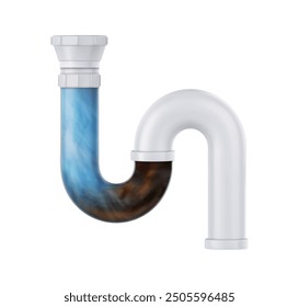 Clog and water in plastic sink drain pipe. Bathroom and toilet plumbing tube blocked with drainage. Realistic 3d vector cleaning with detergent and dissolve dirt and waste in domestic pipeline.