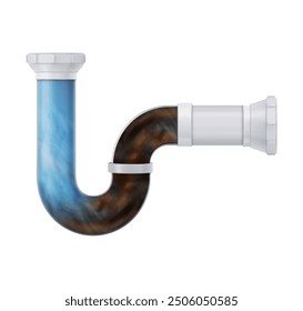 Clog and water in plastic sink drain pipe. Bathroom and toilet plumbing tube blocked with drainage. Realistic 3d vector cleaning with detergent and dissolve dirt and waste in domestic pipeline.