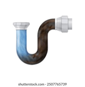 Clog and water in plastic sink drain pipe. Bathroom and toilet plumbing tube blocked with drainage. Realistic 3d vector cleaning with detergent and dissolve dirt and waste in domestic pipeline.