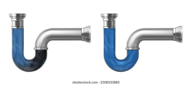 Tubos de drenaje obstruidos y limpios aislados sobre fondo blanco. Vector ilustración realista de tubo de metal con agua azul clara y suciedad de drenaje, anuncios de servicio de plomería, efecto detergente doméstico