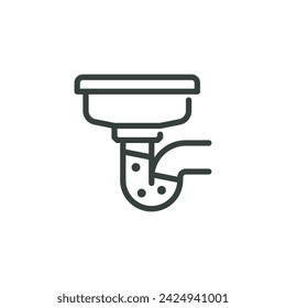 Clogged Kitchen Sink Thin Outline Icon, Blocked Water Pipe. Such Line Sign as Drain Repair or Plumbing Service, Drain Cleaning. Flat Vector Isolated Pictogram on White Background Editable Stroke.