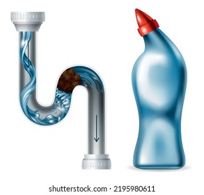 Clogged pipe drain and cleanser bottle. Blank container with sanitary chemical liquid. Canalization tube with water splash. Plumbing clog repair