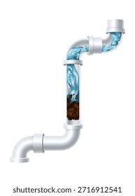 Escoamento entupido de tubulação e garrafa mais limpa. Tubo de canalização com jato de água. Reparo de entupimento de encanamento. Tubo de drenagem entupido com lama