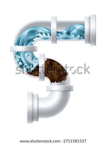 Clogged pipe drain and cleanser bottle. Canalization tube with water splash. Plumbing clog repair. Drain pipe clogged with mud