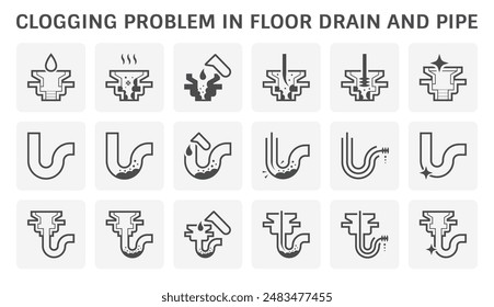 Clogged problem in trap pipe and floor drain vector icon set. Include tool and chemical to cleaning, repair, service or maintenance. Sewage drainage in kitchen, bathroom, toilet and shower room.