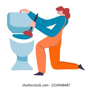 Gepäcktes Toilettenproblem, isolierte Klempnerin mit Instrument zu versuchen, zu lösen. Installations-Service, professioneller Spezialist bei Haushaltsproblemen im Badezimmer. Vektorgrafik im Flachstil