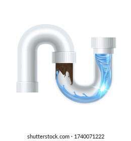 Clogged In Water Canalization Pipe Cleaning Vector. Clean Clogged Piping Waterway Service, Clog Blocked in Plastic Siphon. Repair, Renewal And Fix Sanitary Cleaner Layout Realistic 3d Illustration