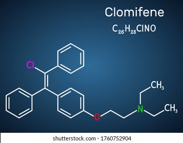 Clomifene, clomiphene, enclomifene, E-isomer molecule. It is an oral agent used to treat infertility in women. Structural chemical formula on the dark blue background. Vector illustration