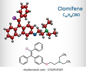 Clomifene, clomiphene, enclomifene, E-isomer molecule. It is an oral agent used to treat infertility in women. Structural chemical formula and molecule model. Vector illustration