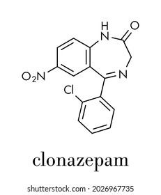 Clonazepam benzodiazepine drug molecule. Used in treatment of seizures, insomnia, anxiety, etc. Skeletal formula.