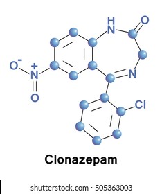 Clonazepam is a medication used to prevent and treat seizures, panic disorder, and for the movement disorder known as akathisia, a tranquilizer of the benzodiazepine class. Vector medical formula.