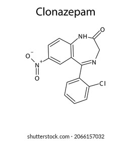 Clonazepam molecular structure, flat skeletal chemical formula. Benzodiazepine drug used to treat Epilepsy, seizure.