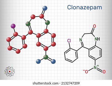 Clonazepam molecule. It is benzodiazepine, anticonvulsant. Structural chemical formula, molecule model. Sheet of paper in a cage. Vector illustration