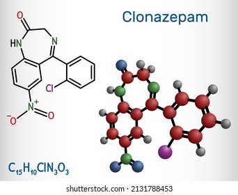 Clonazepam molecule. It is benzodiazepine, anticonvulsant, used to treat panic disorders, severe anxiety, seizures. Structural chemical formula and molecule model. Vector illustration