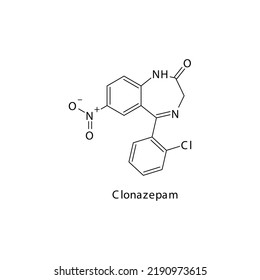 Clonazepam Molecule Flat Skeletal Structure, Benzodiazepine Class Drug Used As Anxiolytic, Anticonvulsant, Sedative, Hypnotic Agent. Vector Illustration On White Background.