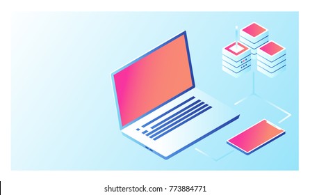 Clone data on cloud service with smartphone and laptop, mobile device, cloud data storage, server room database isometric 3d vector illustration Clone data on cloud service with smartphone and laptop, mobile device, cloud data storage, server room database isometric 3d vector illustration
