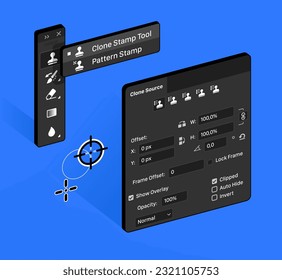 Clone Stamp Tool and Pattern Stamp in raster graphic editor. Isometric vector illustration.
