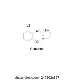 Clonidin-Flach-Skelett-Molekülstruktur Alpha-2-Agonist-Medikament verwendet in Hypertonie, ADHS, Medikamentenentzugsbehandlung. Wissenschaftliches Diagramm Vektorillustration.