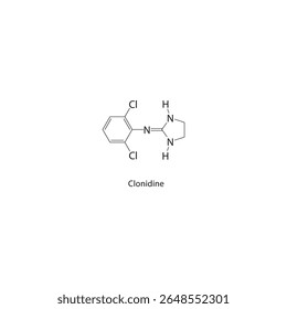 Estructura esquelética de clonidina. Ilustración esquemática del compuesto agonista α2-adrenérgico. Diagrama simple, fórmula química.