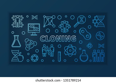 Cloning blue concept thin line banner - vector horizontal linear illustration on dark background