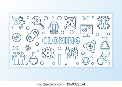Cloning concept horizontal banner in thin line style. Vector linear illustration