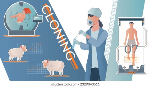 Cloning genetics composition with collage of flat images with embryo sheeps female scientist and editable text vector illustration