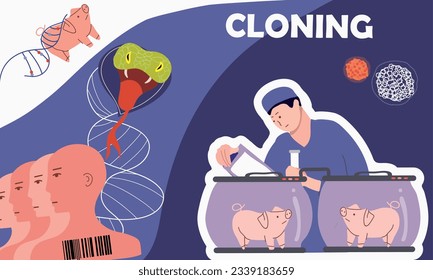 Cloning genetics composition with collage of flat icons scientist with pigs and similar men with barcodes vector illustration