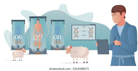 Cloning genetics flat composition of doodle scientist sheep and chambers containing numbered floating cloned human bodies vector illustration