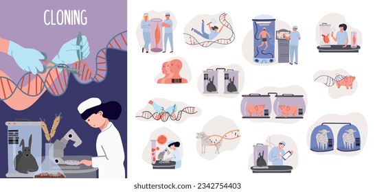 Clonación de la genética composición plana con mujeres científicas que trabajan en laboratorio y conjunto aislado de íconos bioquímicos ilustración vectorial