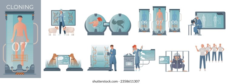 Cloning genetics flat composition with human body in chamber with set of isolated icons with scientists vector illustration