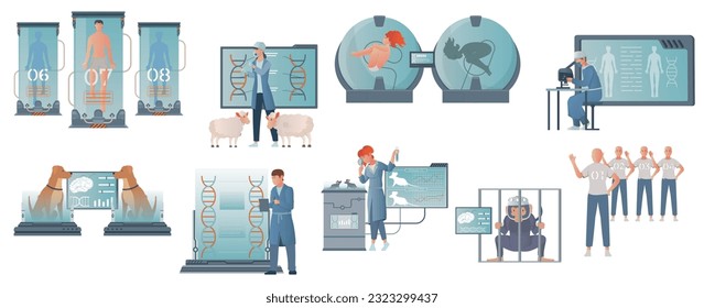 Cloning genetics set with flat isolated compositions of chambers with human embryo sheeps dogs and scientists vector illustration