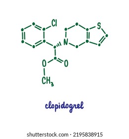 Clopidogrel fórmula vectorial extraída a mano estructura química con letras azul verde antiplaqueta