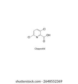 Estrutura esquelética de clopiralide. Ilustração esquemática de composto de herbicida. Diagrama simples, fórmula química.