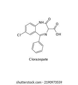 Clorazepate Molecule Flat Skeletal Structure, Benzodiazepine Class Drug Used As Anxiolytic, Anticonvulsant, Sedative, Hypnotic Agent. Vector Illustration On White Background.