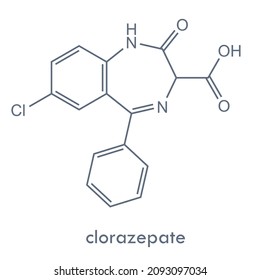 Clorazepate structure. Benzodiazepine drug molecule. Used in treatment of anxiety, seizures, muscle spasms and insomnia. Chemical formula.
