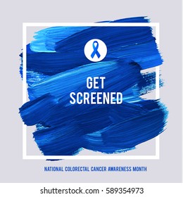 CLORECTAL Cancer Awareness Creative Grey and Blue Poster. Brush Stroke and Silk Ribbon Symbol. National Colon Cancer Awareness Month Banner. Brush Stroke and Text. Medical Square Design.