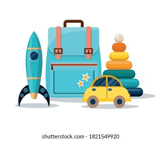 Clorful Kids Toys Isolated On White Background. Backpack, Pyramid, Car And Rocket