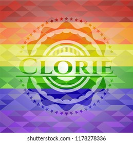 Clorie on mosaic background with the colors of the LGBT flag