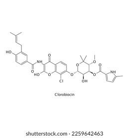 Clorobiocin flat skeletal molecular structure Aminocoumarin antibiotic drug used in treatment. Vector illustration.