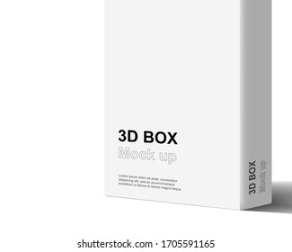 close up of 3D box mock up with white cover. Blank packaging template design. Vertical paper carton with copy space. 3d isolated on white background. realistic vector illustration.