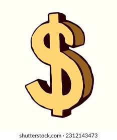 Close up 3d cute old wage metal buck coin shape app concept white paper. Linear black pen hand drawn greed retail buy count bill tax note rich glyph emblem button retro America internet web art style