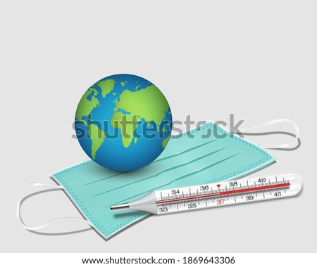Close up of 3d green face mask, thermometer and earth isolated on white background. Protective surgical filter mask with world map. health care equipment vector illustration.